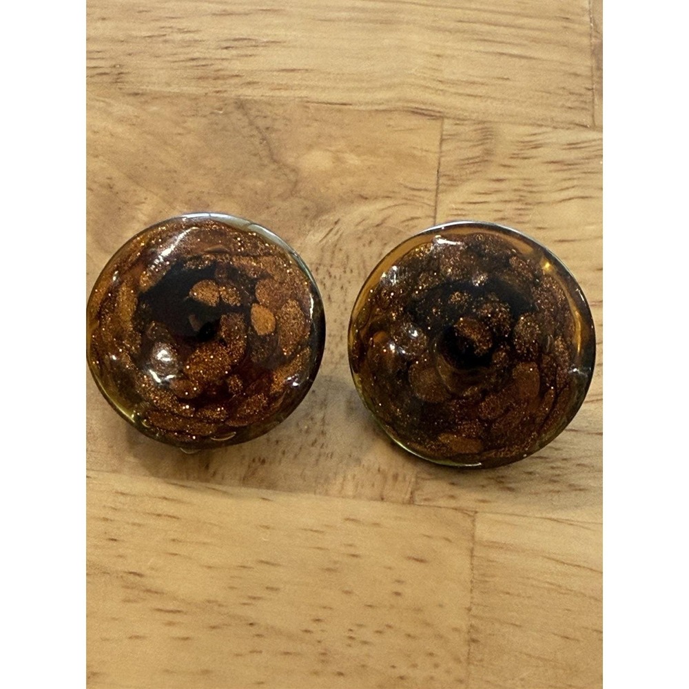 VTG 1950s 60s Italy Art Glass Aventurine Clip On Earrings Copper Brown Gold 1"